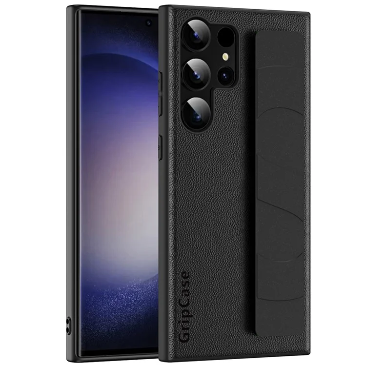 Back Case for Samsung Galaxy S23 Ultra Litchi Texture PU Leather Coated PC+TPU Phone Cover with Wristband - Black
