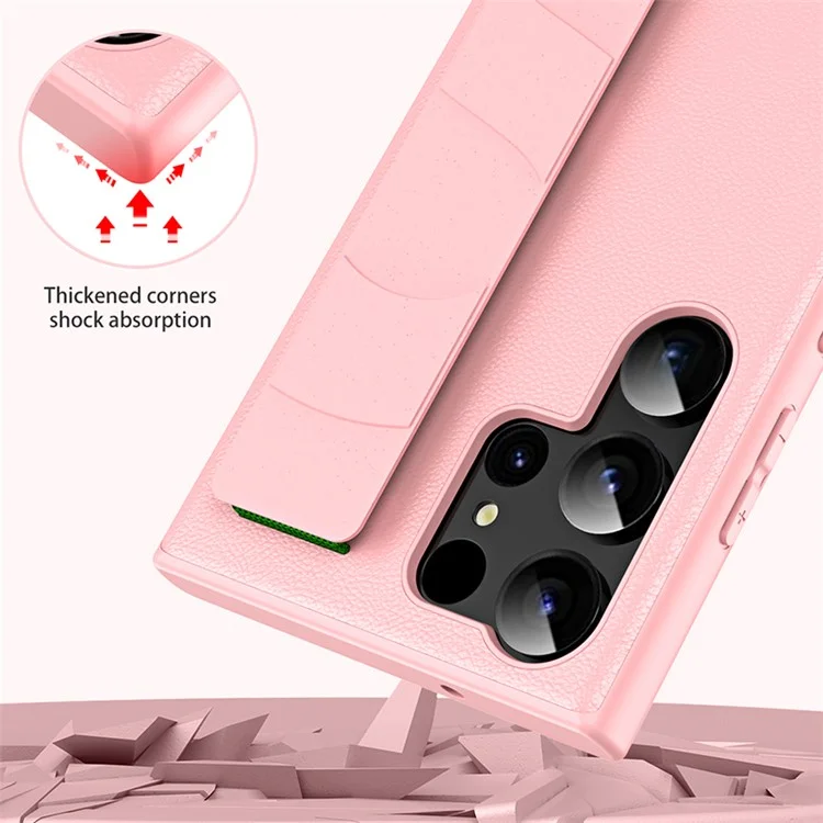 Back Case for Samsung Galaxy S23 Ultra Litchi Texture PU Leather Coated PC+TPU Phone Cover with Wristband - Black