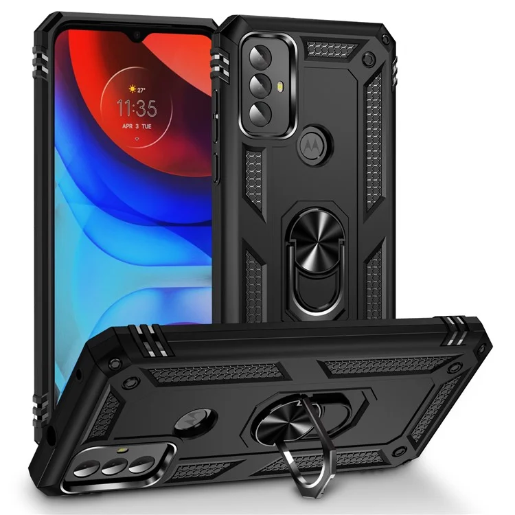 For Motorola Moto G Play (2023) 4G Ring Holder Kickstand Phone Case PC+TPU Shockproof Cover - Black