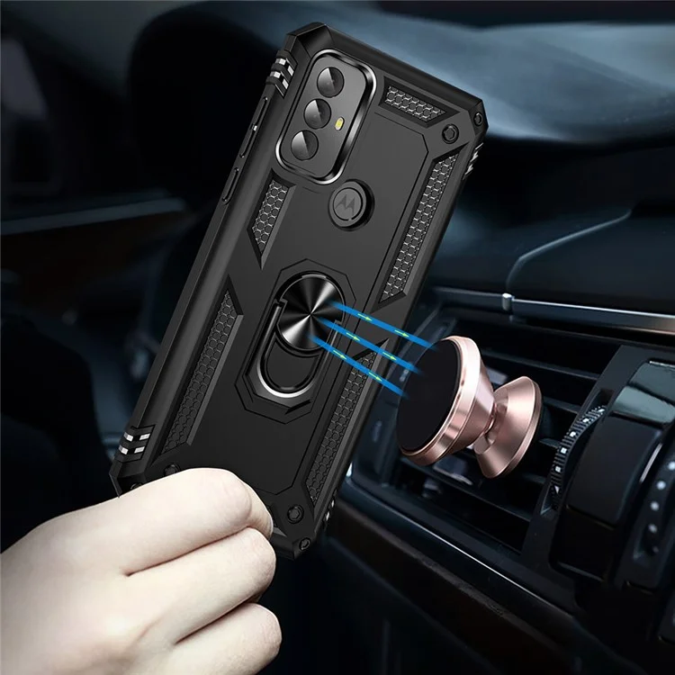 For Motorola Moto G Play (2023) 4G Ring Holder Kickstand Phone Case PC+TPU Shockproof Cover - Black