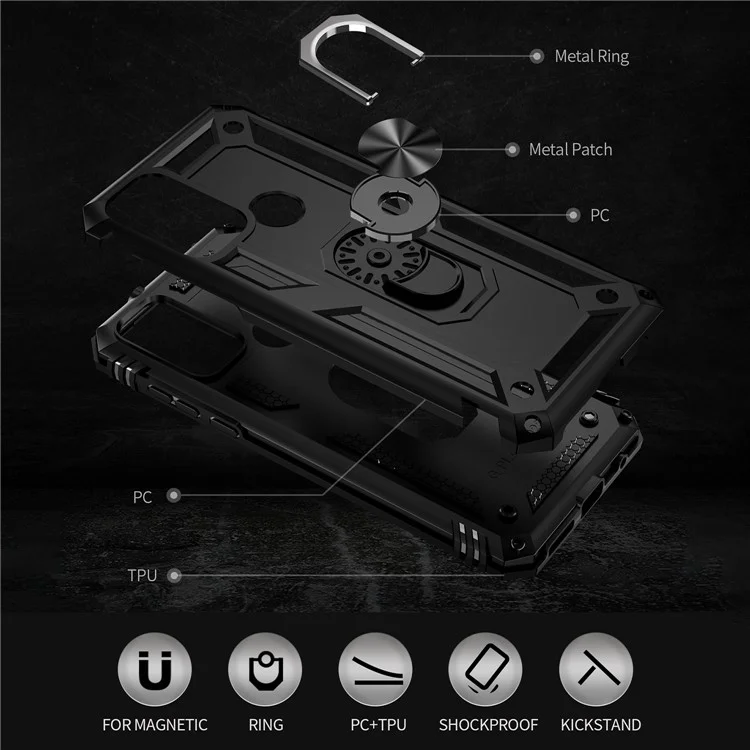 For Motorola Moto G Play (2023) 4G Ring Holder Kickstand Phone Case PC+TPU Shockproof Cover - Black