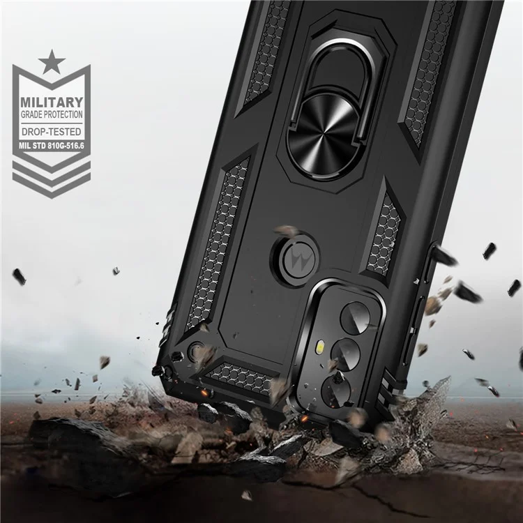For Motorola Moto G Play (2023) 4G Ring Holder Kickstand Phone Case PC+TPU Shockproof Cover - Black