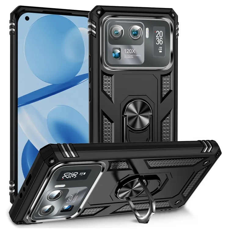 Für Xiaomi Mi 11 Ultra PC+TPU Anti-Kratzer Handyhülle Autohalterung Halter Ständer Abdeckung - Schwarz
