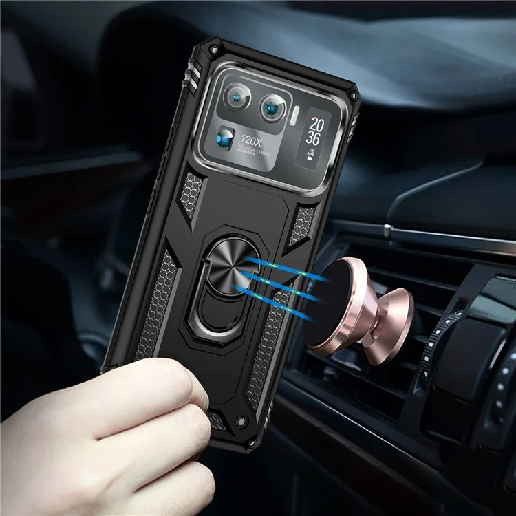 For Xiaomi Mi 11 Ultra PC+TPU Anti-scratch Phone Case Car Mount Holder Kickstand Cover - Black