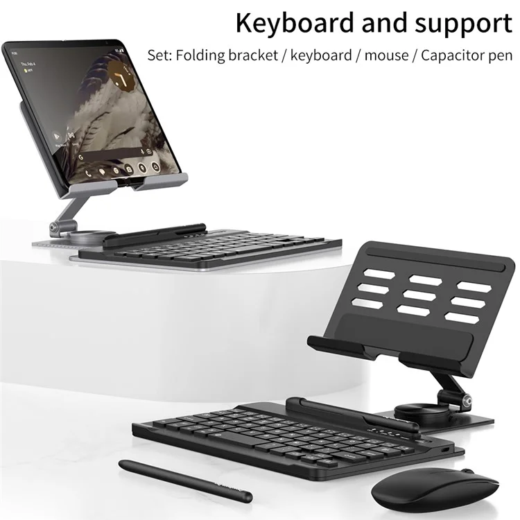 GKK For Samsung Galaxy Fold / Z Fold Series Foldable Desk Stand Holder with Bluetooth Keyboard + Mouse + Stylus - Black