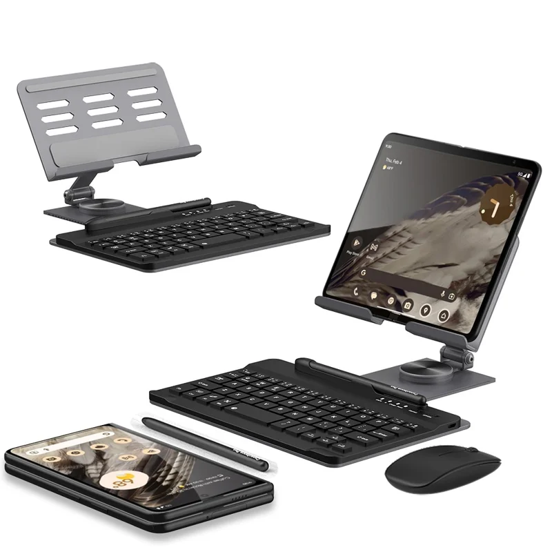 GKK For Samsung Galaxy Fold / Z Fold Series Foldable Desk Stand Holder with Bluetooth-compatible Keyboard + Mouse + Stylus - Grey