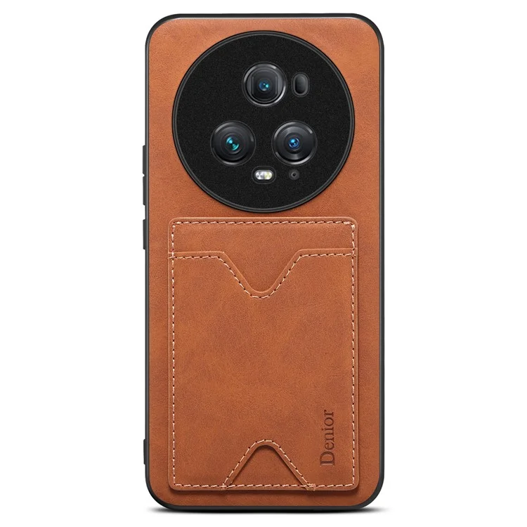 DENIOR Back Cover for Honor Magic5 Pro PU Leather Coated TPU Phone Case with Kickstand Card Slot - Brown