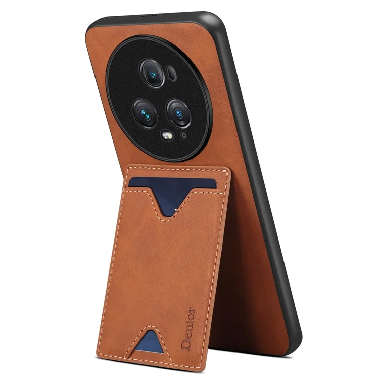 DENIOR Back Cover for Honor Magic5 Pro PU Leather Coated TPU Phone Case with Kickstand Card Slot - Brown
