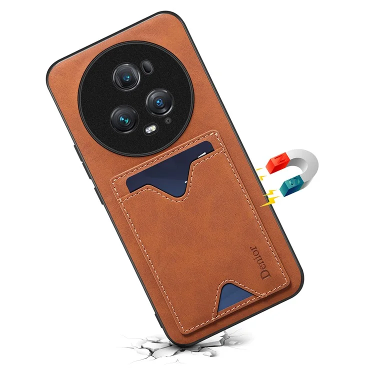 DENIOR Back Cover for Honor Magic5 Pro PU Leather Coated TPU Phone Case with Kickstand Card Slot - Brown