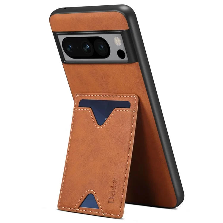 DENIOR For Google Pixel 8 Pro PU Leather Coated TPU Back Cover Phone Case with Kickstand Card Slot - Brown