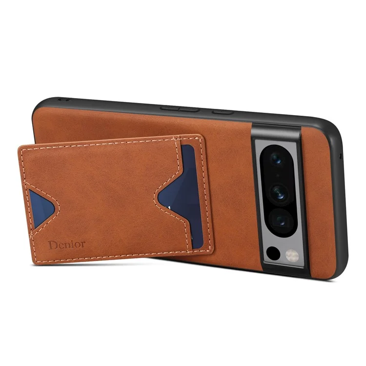 DENIOR For Google Pixel 8 Pro PU Leather Coated TPU Back Cover Phone Case with Kickstand Card Slot - Brown