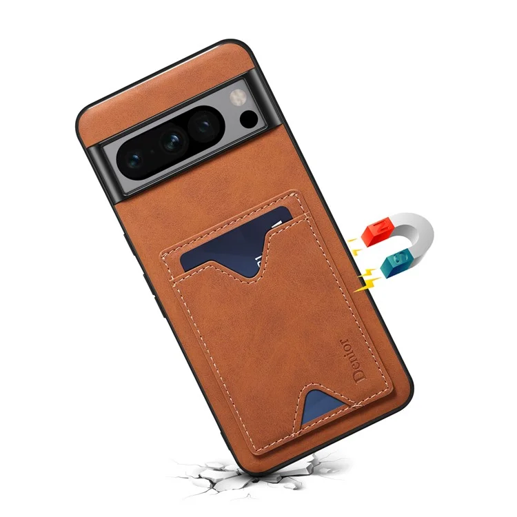 DENIOR For Google Pixel 8 Pro PU Leather Coated TPU Back Cover Phone Case with Kickstand Card Slot - Brown
