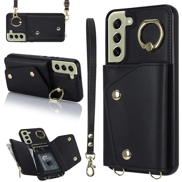 For Samsung Galaxy S21 FE 5G Zipper Wallet Crossbody Phone Case PU Leather Coated TPU Kickstand Cover - Black