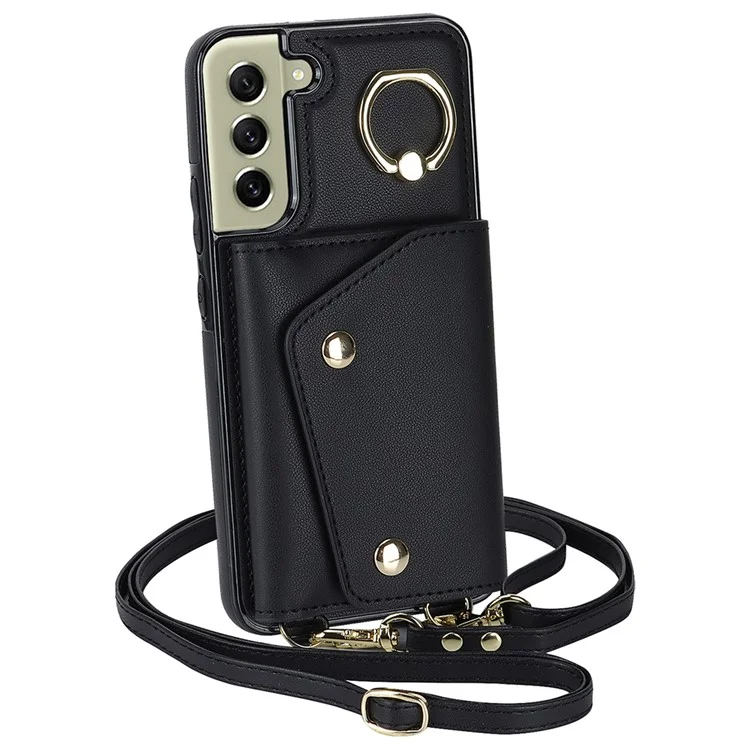 For Samsung Galaxy S21 FE 5G Zipper Wallet Crossbody Phone Case PU Leather Coated TPU Kickstand Cover - Black