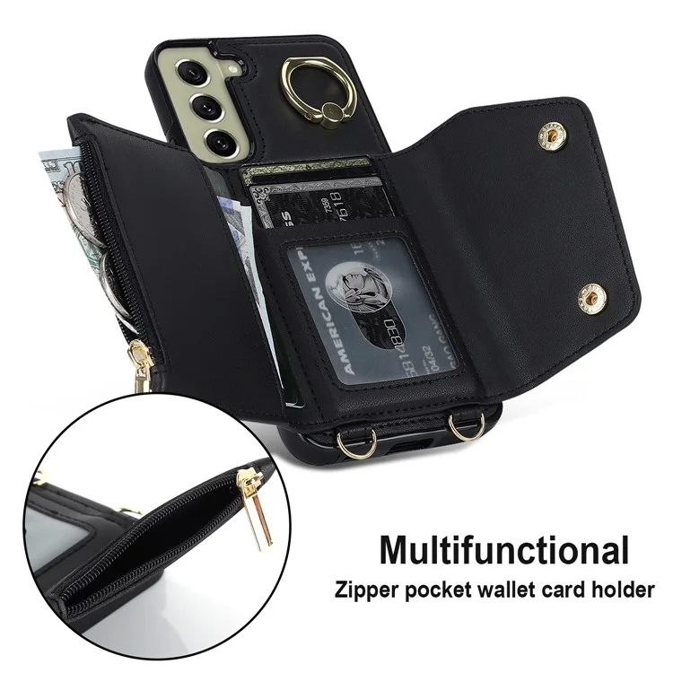 For Samsung Galaxy S21 FE 5G Zipper Wallet Crossbody Phone Case PU Leather Coated TPU Kickstand Cover - Black