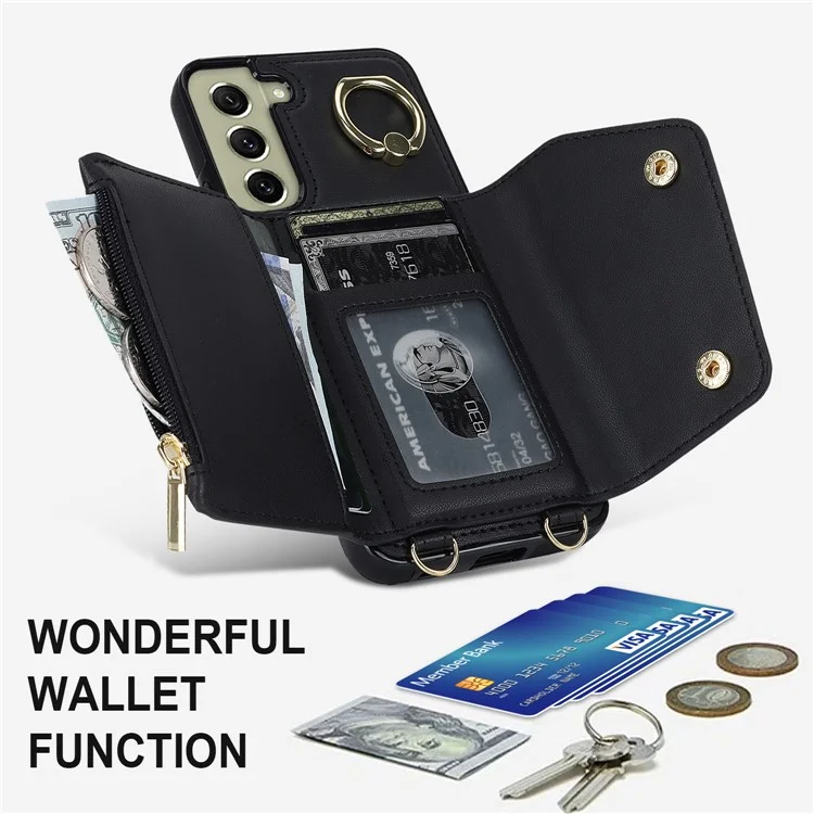 For Samsung Galaxy S21 FE 5G Zipper Wallet Crossbody Phone Case PU Leather Coated TPU Kickstand Cover - Black