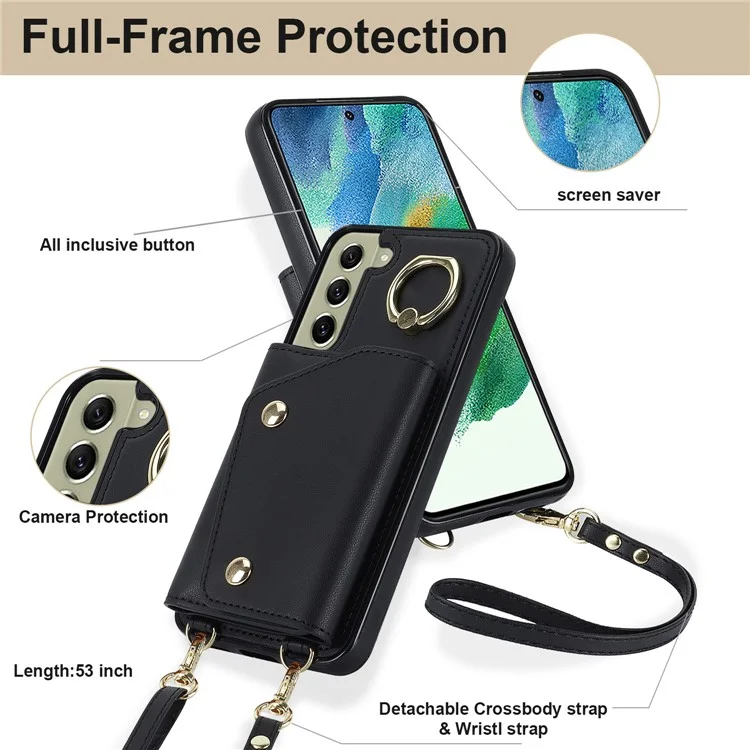 For Samsung Galaxy S21 FE 5G Zipper Wallet Crossbody Phone Case PU Leather Coated TPU Kickstand Cover - Black
