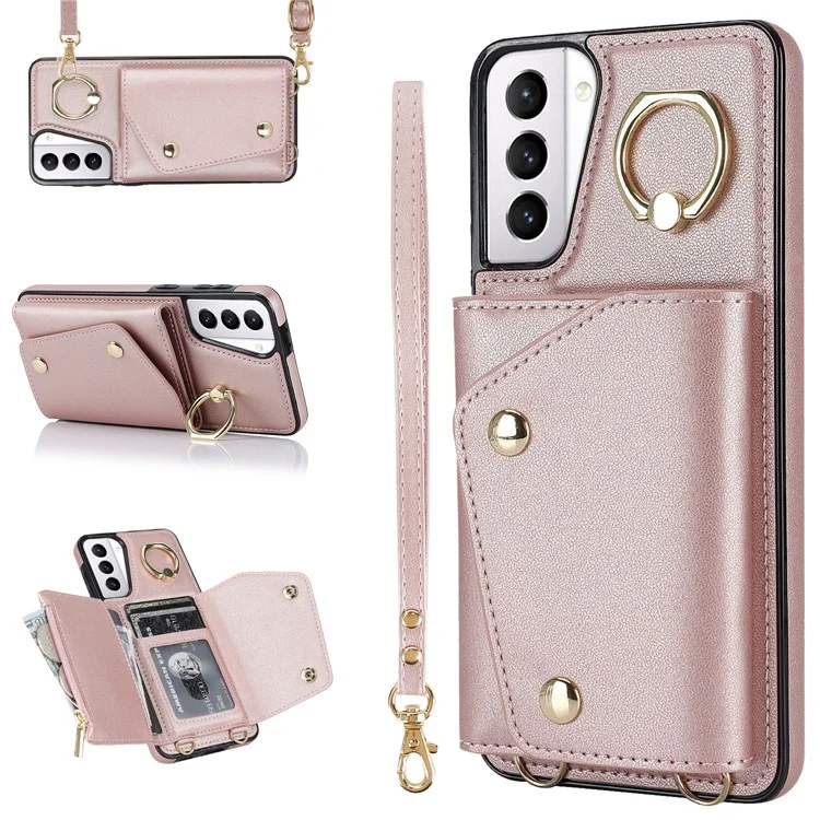Per Samsung Galaxy S21+ 5G Zipper Wallet Ring Kickstand Case PU Leather Coated TPU Phone Cover - Rose Gold