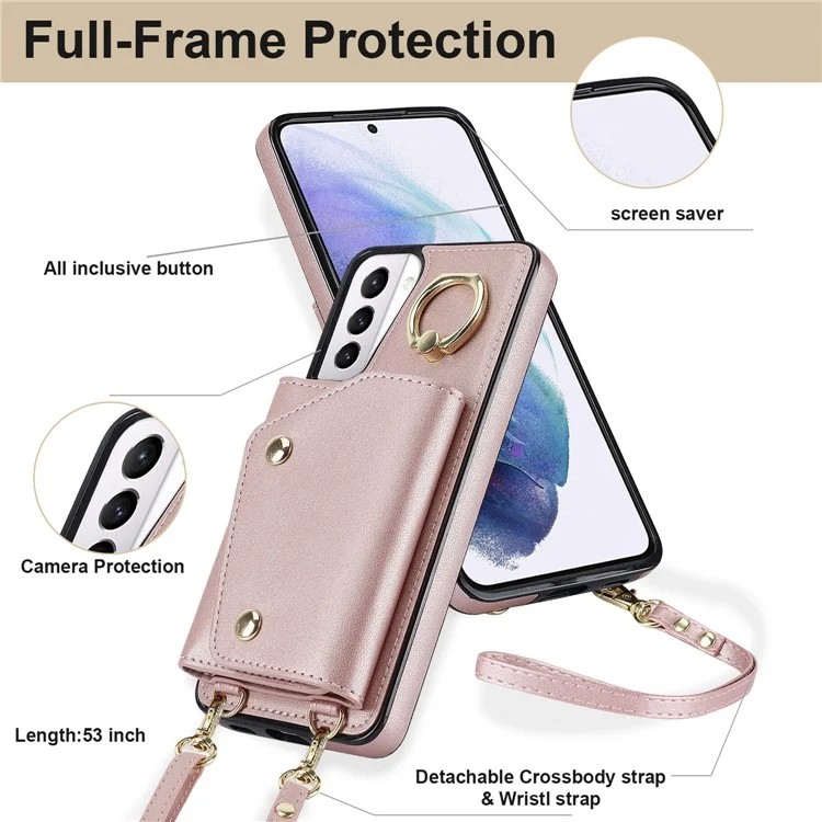 Per Samsung Galaxy S21+ 5G Zipper Wallet Ring Kickstand Case PU Leather Coated TPU Phone Cover - Rose Gold