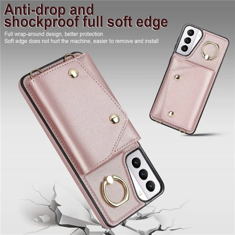 Per Samsung Galaxy S21+ 5G Zipper Wallet Ring Kickstand Case PU Leather Coated TPU Phone Cover - Rose Gold