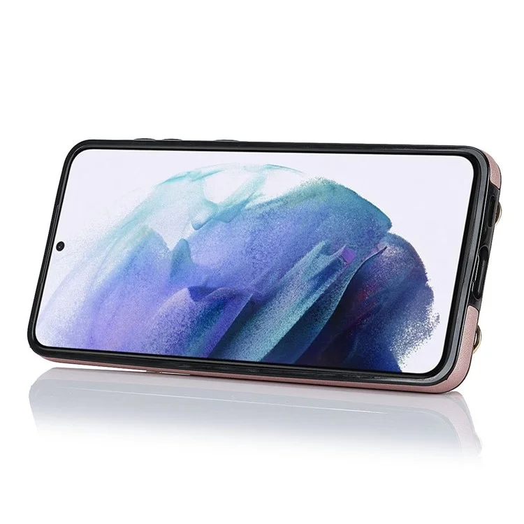 Per Samsung Galaxy S21+ 5G Zipper Wallet Ring Kickstand Case PU Leather Coated TPU Phone Cover - Rose Gold