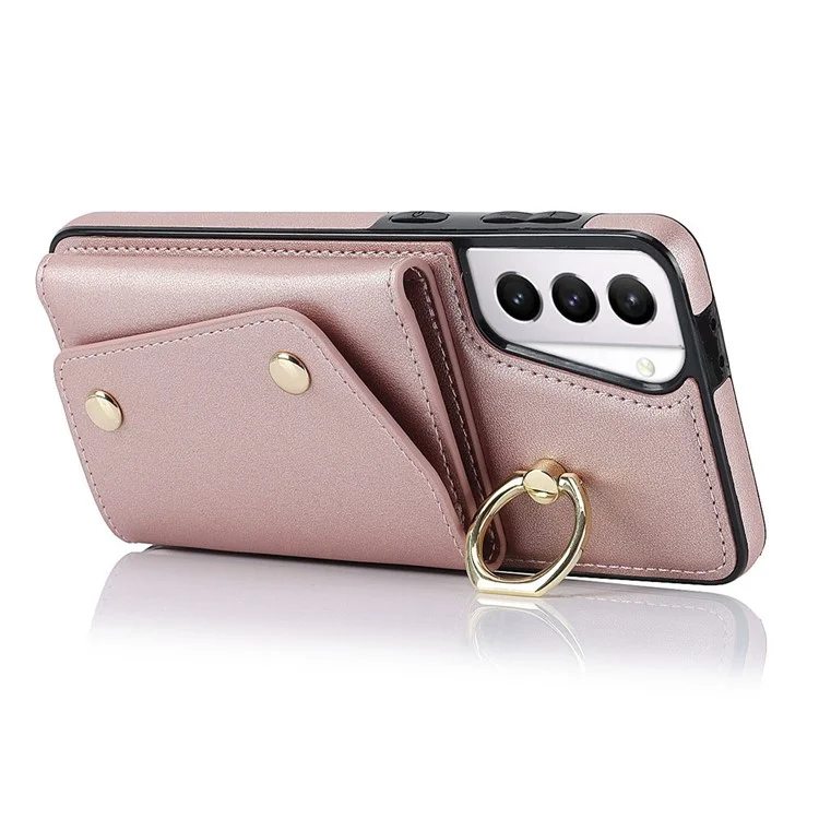 Per Samsung Galaxy S21+ 5G Zipper Wallet Ring Kickstand Case PU Leather Coated TPU Phone Cover - Rose Gold