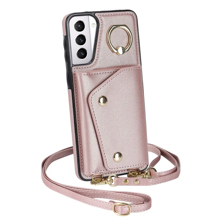 Per Samsung Galaxy S21+ 5G Zipper Wallet Ring Kickstand Case PU Leather Coated TPU Phone Cover - Rose Gold