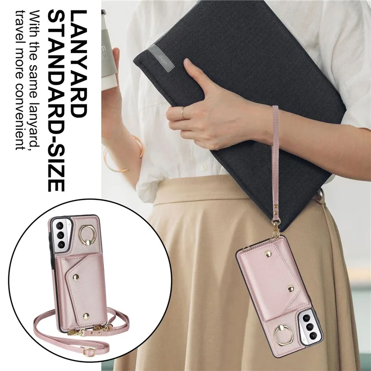 Per Samsung Galaxy S21+ 5G Zipper Wallet Ring Kickstand Case PU Leather Coated TPU Phone Cover - Rose Gold