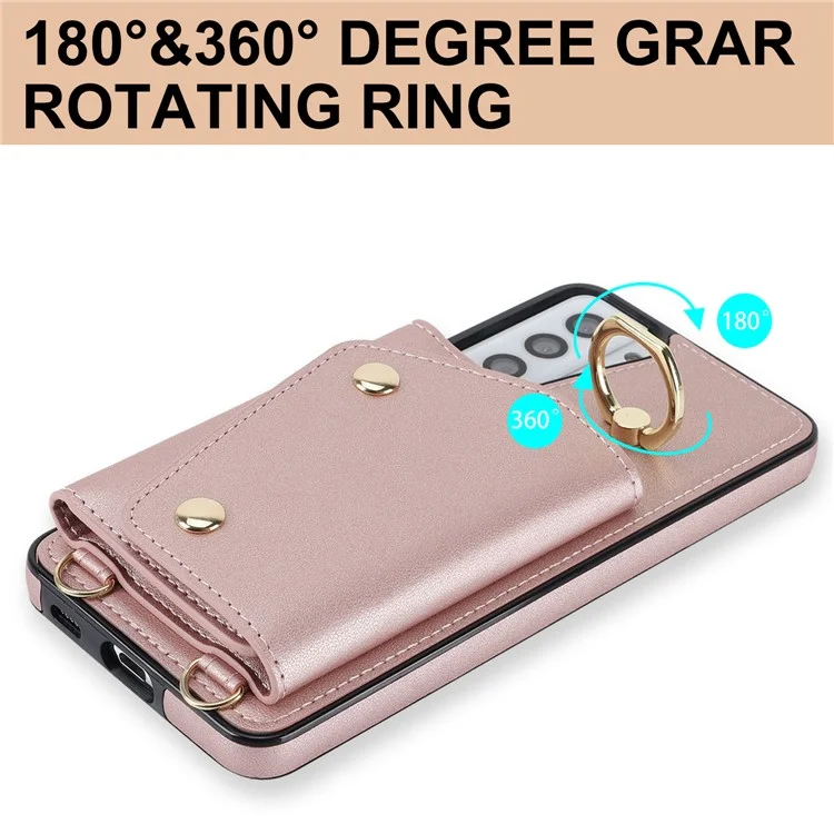 Per Samsung Galaxy S21+ 5G Zipper Wallet Ring Kickstand Case PU Leather Coated TPU Phone Cover - Rose Gold