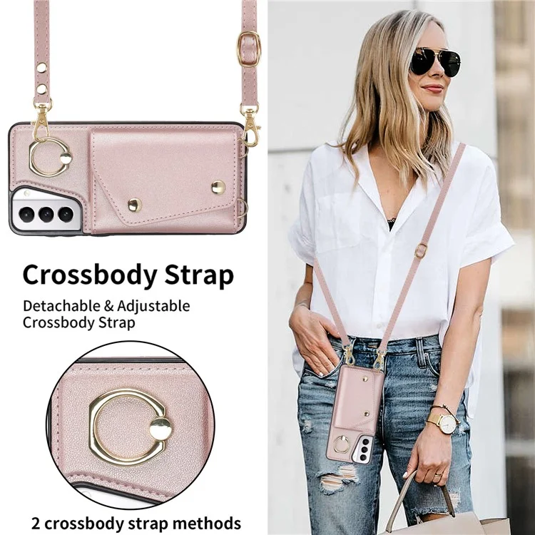 Per Samsung Galaxy S21+ 5G Zipper Wallet Ring Kickstand Case PU Leather Coated TPU Phone Cover - Rose Gold