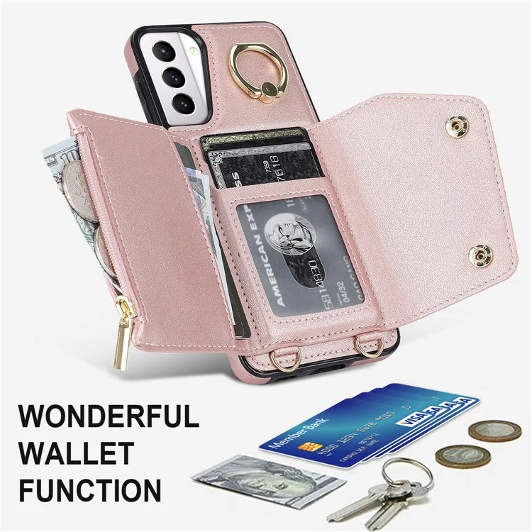 Per Samsung Galaxy S21+ 5G Zipper Wallet Ring Kickstand Case PU Leather Coated TPU Phone Cover - Rose Gold
