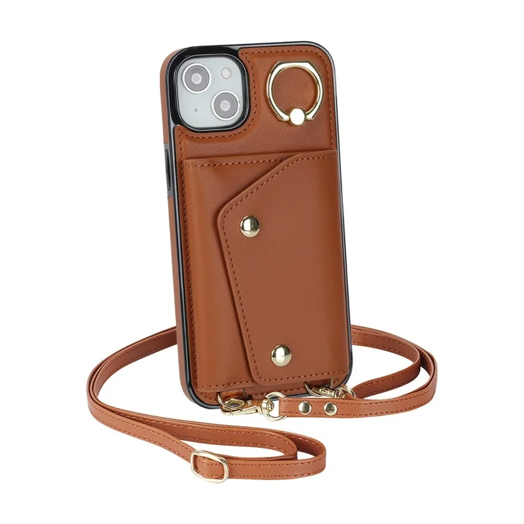 Ring Kickstand Case for iPhone 14 Plus Zipper Wallet PU Leather Coated TPU Mobile Phone Cover - Brown