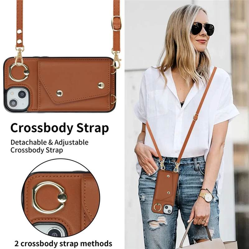 Ring Kickstand Case for iPhone 14 Plus Zipper Wallet PU Leather Coated TPU Mobile Phone Cover - Brown