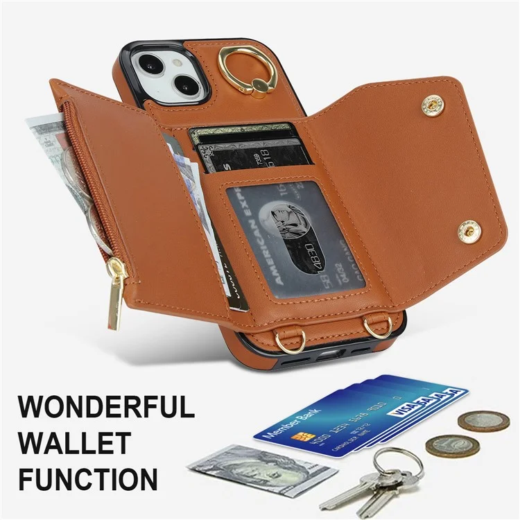 Ring Kickstand Case for iPhone 14 Plus Zipper Wallet PU Leather Coated TPU Mobile Phone Cover - Brown