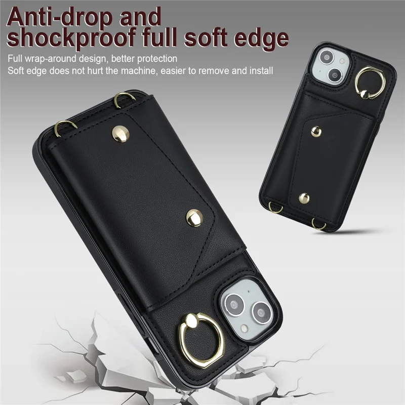 Ring Kickstand Case for iPhone 14 Plus Zipper Wallet PU Leather Coated TPU Mobile Phone Cover - Black