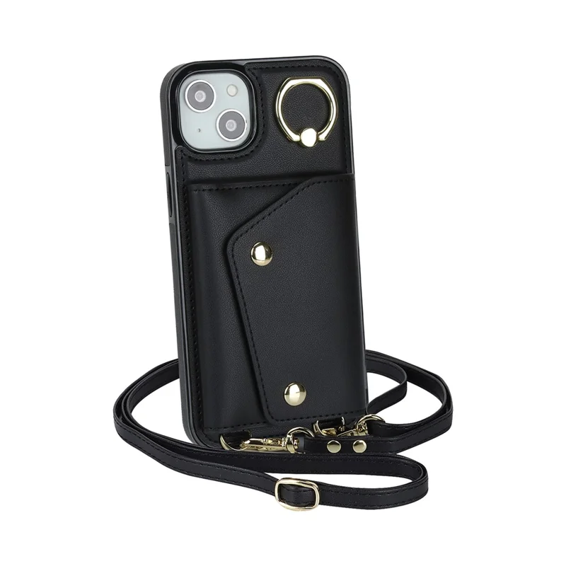 Ring Kickstand Case for iPhone 14 Plus Zipper Wallet PU Leather Coated TPU Mobile Phone Cover - Black