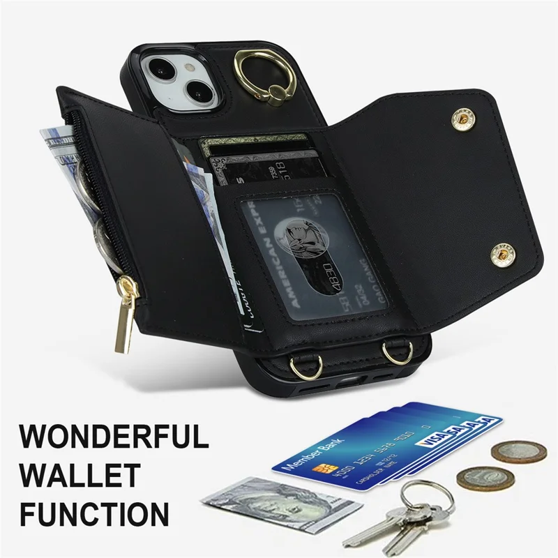 Ring Kickstand Case for iPhone 14 Plus Zipper Wallet PU Leather Coated TPU Mobile Phone Cover - Black