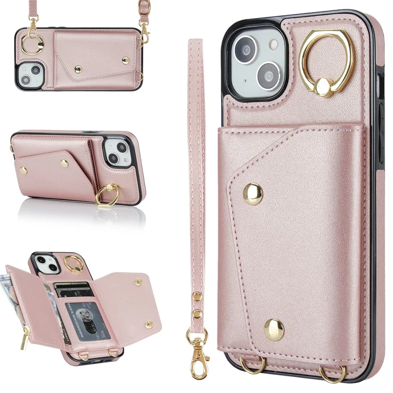 Zipper Wallet Phone Cover for iPhone 13 mini PU Leather Coated TPU Rotary Ring Kickstand Phone Case - Rose Gold