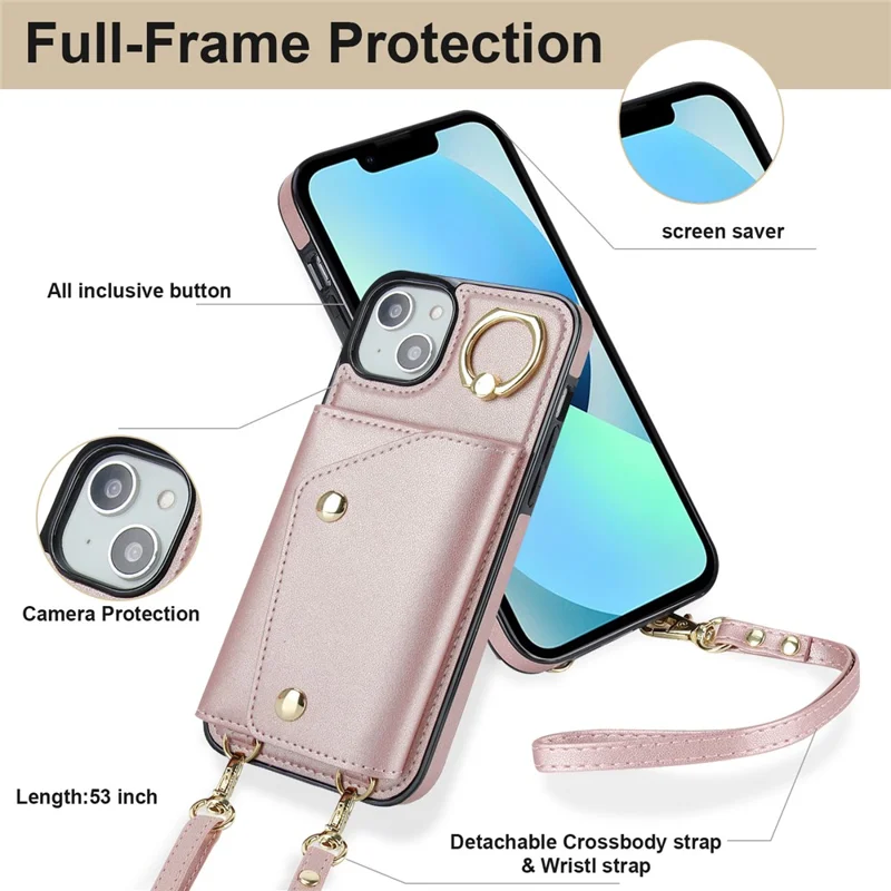 Zipper Wallet Phone Cover for iPhone 13 mini PU Leather Coated TPU Rotary Ring Kickstand Phone Case - Rose Gold