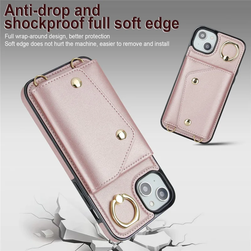 Zipper Wallet Phone Cover for iPhone 13 mini PU Leather Coated TPU Rotary Ring Kickstand Phone Case - Rose Gold