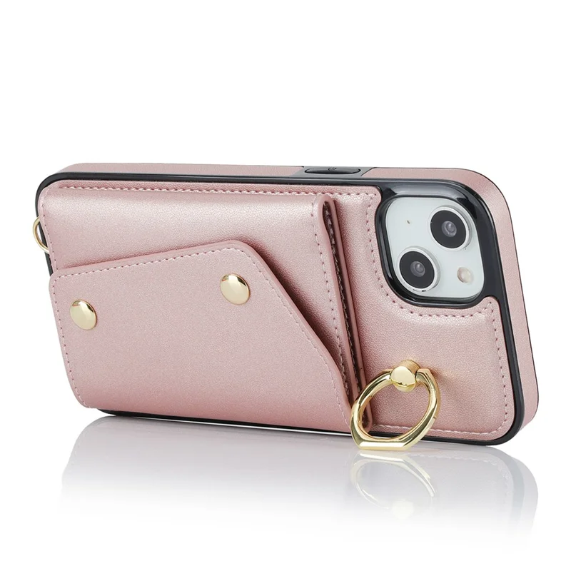Zipper Wallet Phone Cover for iPhone 13 mini PU Leather Coated TPU Rotary Ring Kickstand Phone Case - Rose Gold