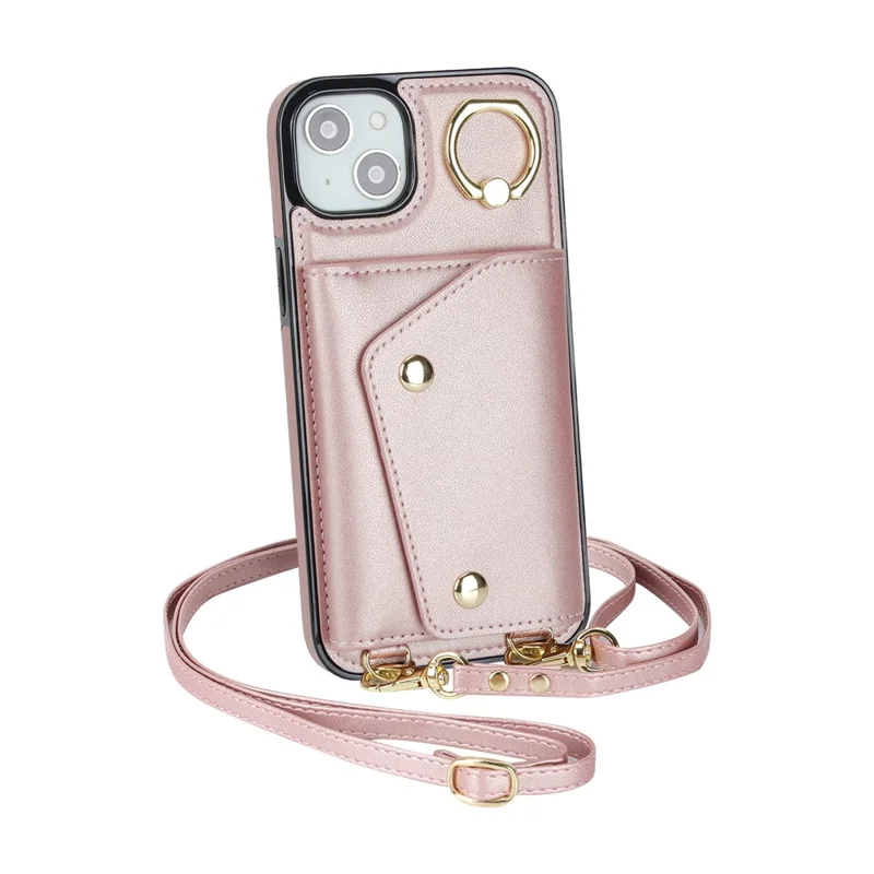 Zipper Wallet Phone Cover for iPhone 13 mini PU Leather Coated TPU Rotary Ring Kickstand Phone Case - Rose Gold