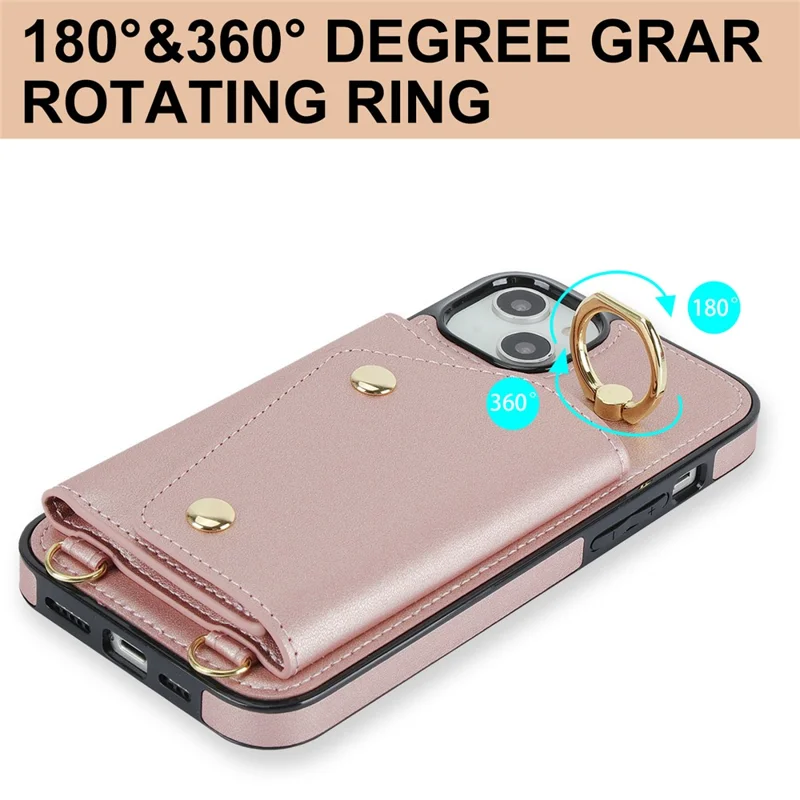 Zipper Wallet Phone Cover for iPhone 13 mini PU Leather Coated TPU Rotary Ring Kickstand Phone Case - Rose Gold