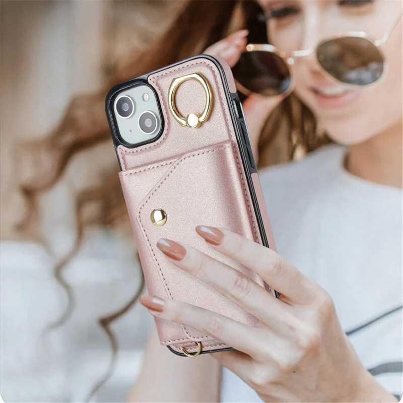 Zipper Wallet Phone Cover for iPhone 13 mini PU Leather Coated TPU Rotary Ring Kickstand Phone Case - Rose Gold