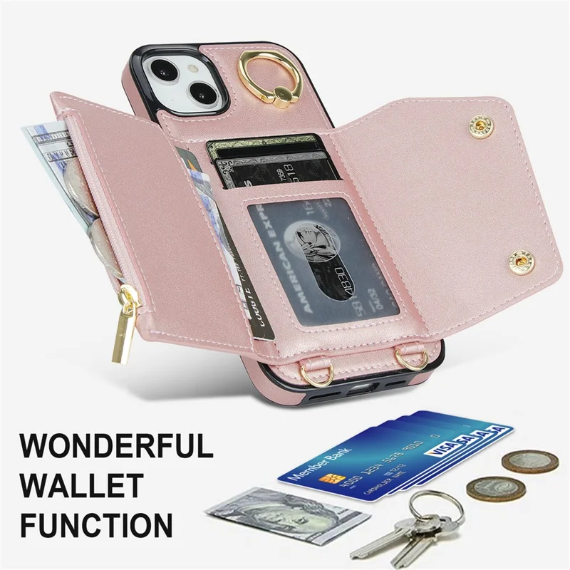 Zipper Wallet Phone Cover for iPhone 13 mini PU Leather Coated TPU Rotary Ring Kickstand Phone Case - Rose Gold