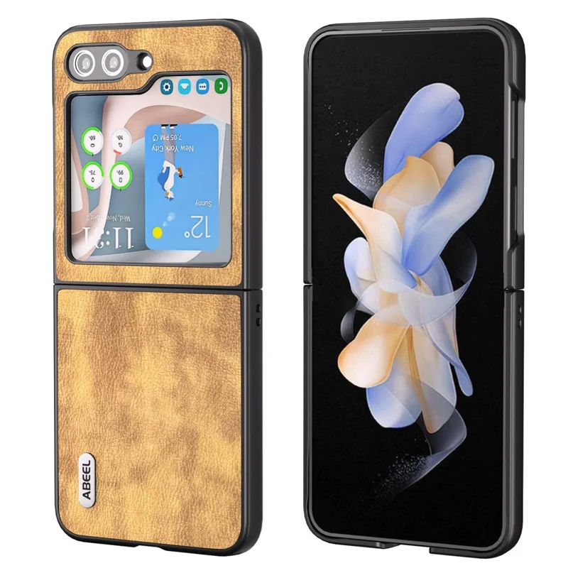 ABEEL Per Samsung Galaxy Z Flip5 5G Retro Litchi Texture Phone Case PU Leather Coated PC Protective Cover - Marrone