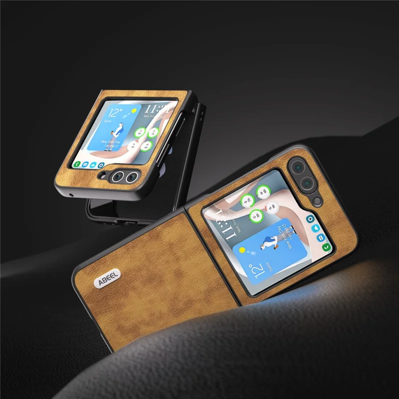 ABEEL Per Samsung Galaxy Z Flip5 5G Retro Litchi Texture Phone Case PU Leather Coated PC Protective Cover - Marrone