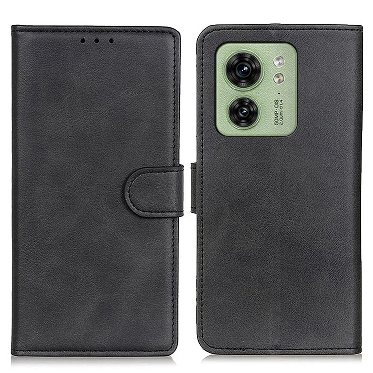 Case de Suporte de Telefone para Motorola Edge 40 5G, Função Carteira Textura de Couro de Vaca + Capa de Suporte TPU - Preto