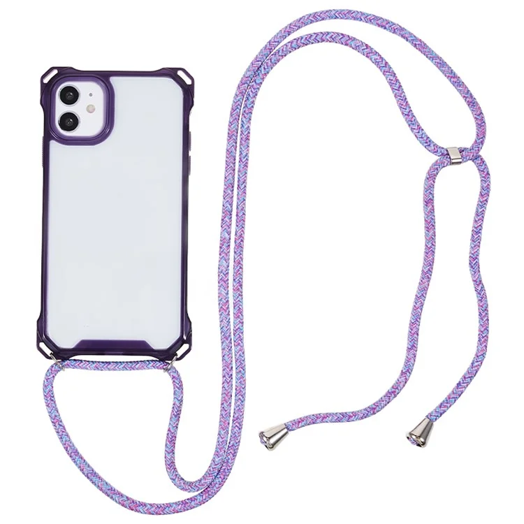 Per iPhone 11 Clear Acrylic + TPU Phone Case Four Corners Shock Absorption Cover with Lanyard - Cornice Viola