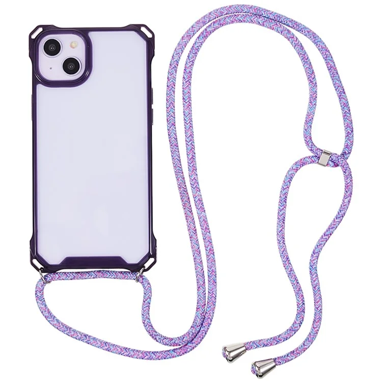 Für iPhone 14 / 13 Klare Handy-Hülle Acryl+TPU Vier-Ecken-Fallschutz-Abdeckung mit Schlaufe - Lila Rahmen